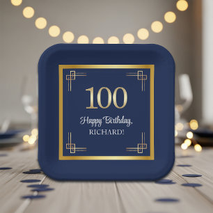 Elegant Blue Gold 100th Birthday Party Paper Plates