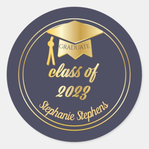 Elegant Blue  Gold 2023 Graduate Cap Graduation Classic Round Sticker