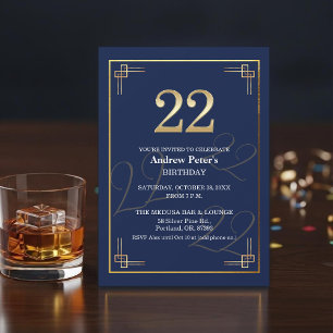 Elegant Blue Gold 22nd Birthday Party Invitation