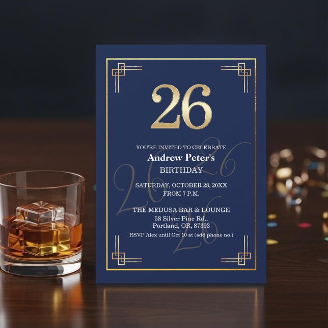 Elegant Blue Gold 26th Birthday Party Invitation (Creator Uploaded)