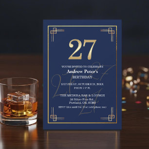 Elegant Blue Gold 27th Birthday Party Invitation