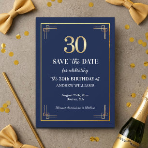 Elegant Blue Gold 30th Birthday Party Save The Date
