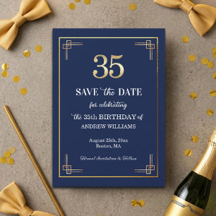 Elegant Blue Gold 35th Birthday Party Save The Date