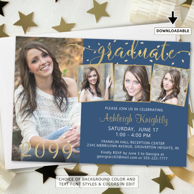 Elegant Blue Gold 4 Photo Confetti Graduate  Invitation (Creator Uploaded)