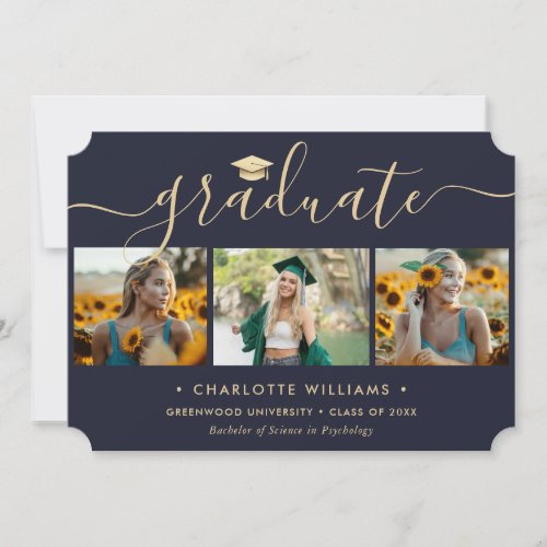 Elegant Blue Gold 4 Photo Graduation Announcement