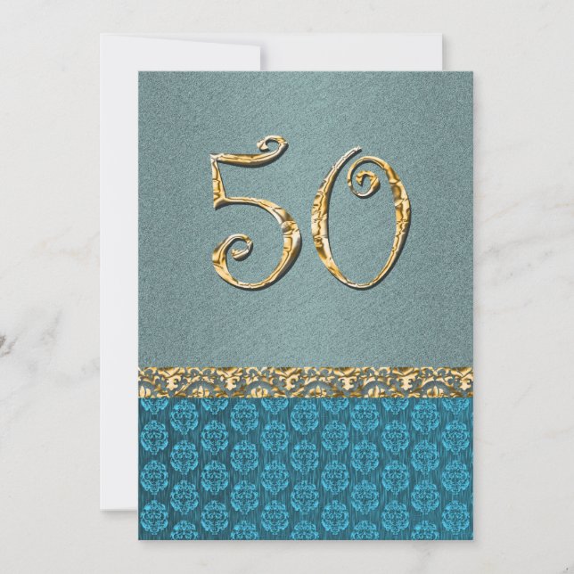 Elegant blue gold 50th damask ANY AGE Invitation (Front)