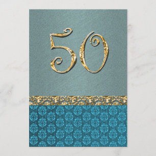 Elegant blue gold 50th damask ANY AGE Invitation