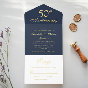 Elegant Blue Gold 50th Wedding Anniversary All In One Invitation