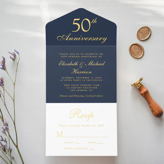 Elegant Blue Gold 50th Wedding Anniversary All In One Invitation | Zazzle