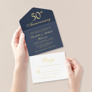 Elegant Blue Gold 50th Wedding Anniversary All In One Invitation