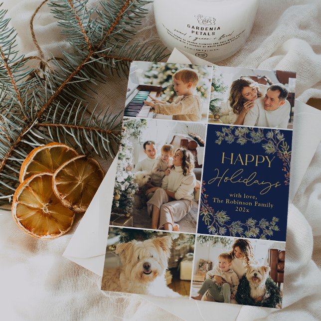 Elegant Blue Gold 5 Photo Family Holiday Card (Creator Uploaded)