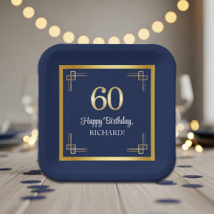 Elegant Blue Gold 60th Birthday Party Paper Plates