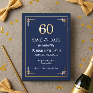 Elegant Blue Gold 60th Birthday Party Save The Date