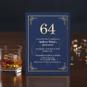 Elegant Blue Gold 64th Birthday Party Invitation