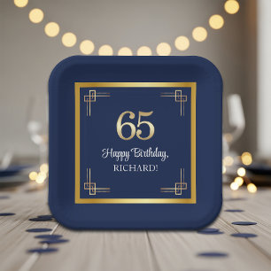 Elegant Blue Gold 65th Birthday Party Paper Plates