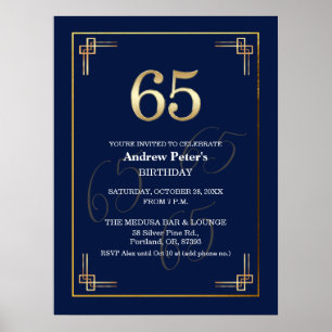 Elegant Blue Gold 65th Birthday Party Poster