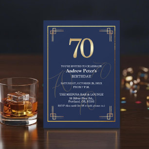 Elegant Blue Gold 70th Birthday Party Invitation