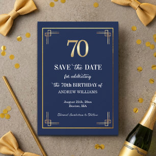 Elegant Blue Gold 70th Birthday Party Save The Date