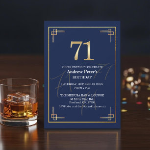 Elegant Blue Gold 71st Birthday Party Invitation