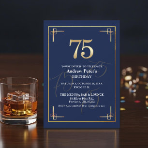 Elegant Blue Gold 75th Birthday Party Invitation