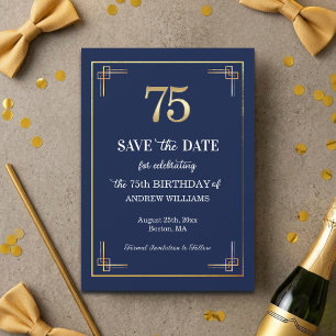 Elegant Blue Gold 75th Birthday Party Save The Date