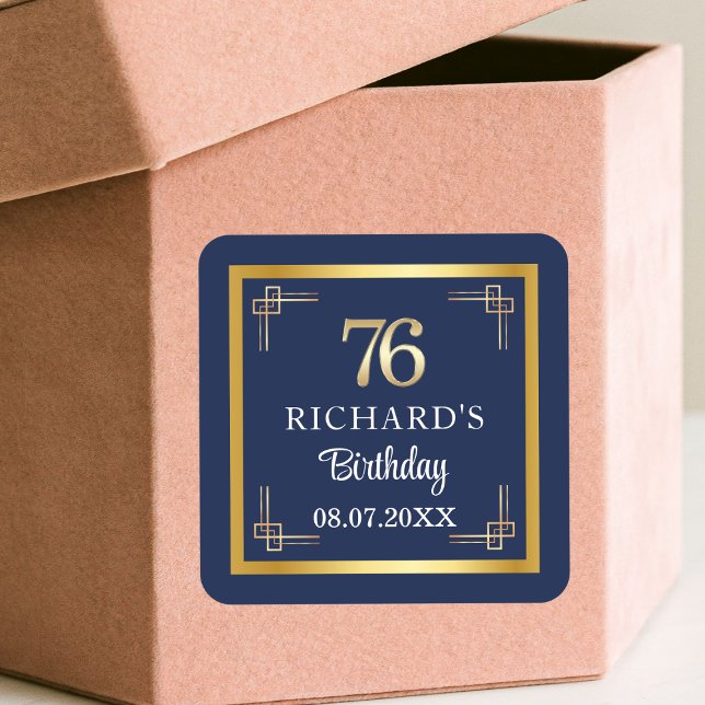 Elegant Blue Gold 76th Birthday Party Square Sticker (Creator Uploaded)