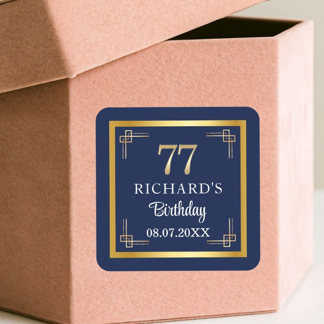 Elegant Blue Gold 77th Birthday Party Square Sticker (Creator Uploaded)