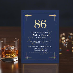 Elegant Blue Gold 86th Birthday Party Invitation