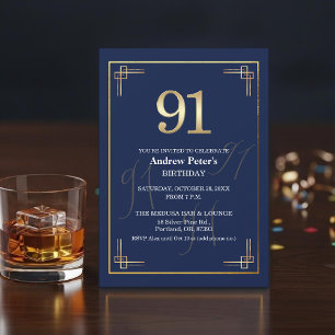 Elegant Blue Gold 91st Birthday Party Invitation