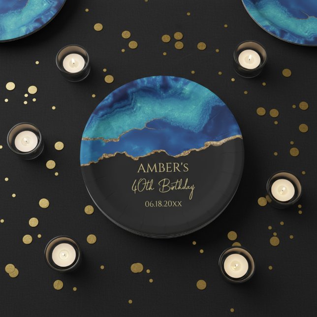 Elegant Blue Gold Abstract Marble Design Paper Plates (Creator Uploaded)