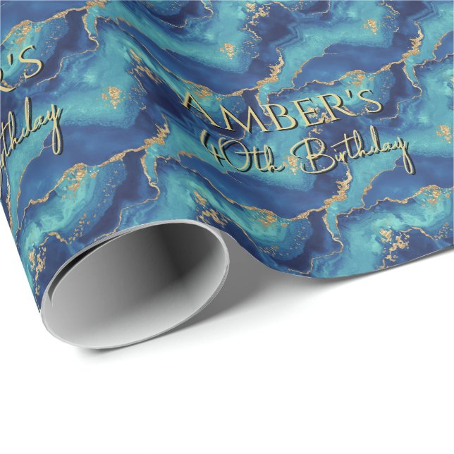 Elegant Blue Gold Abstract Marble Design Wrapping Paper (Roll Corner)