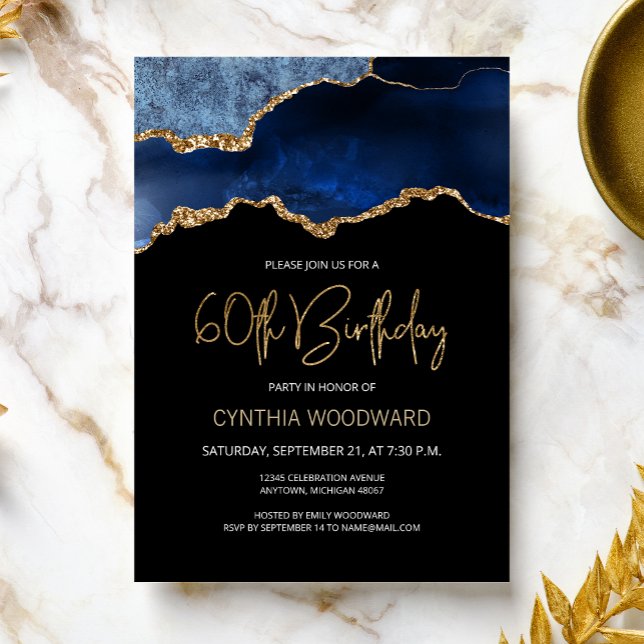 Elegant Blue Gold Agate 60th Birthday Party Invitation (Creator Uploaded)