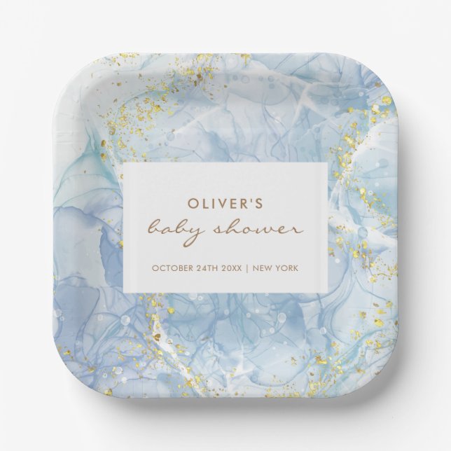 Elegant Blue Gold Agate Boy Baby Shower  Paper Plates (Front)