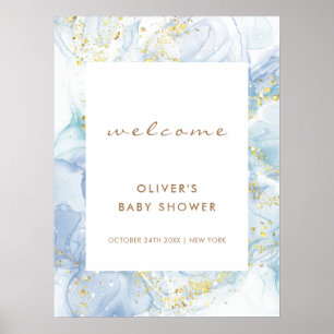 Elegant Blue Gold Agate Boy Baby Shower Welcome  Poster