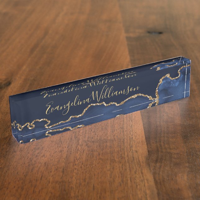 Elegant Blue Gold Agate Desk Name Plate (Side)