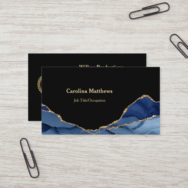 Elegant Blue Gold Agate Logo Business Card (Front/Back In Situ)