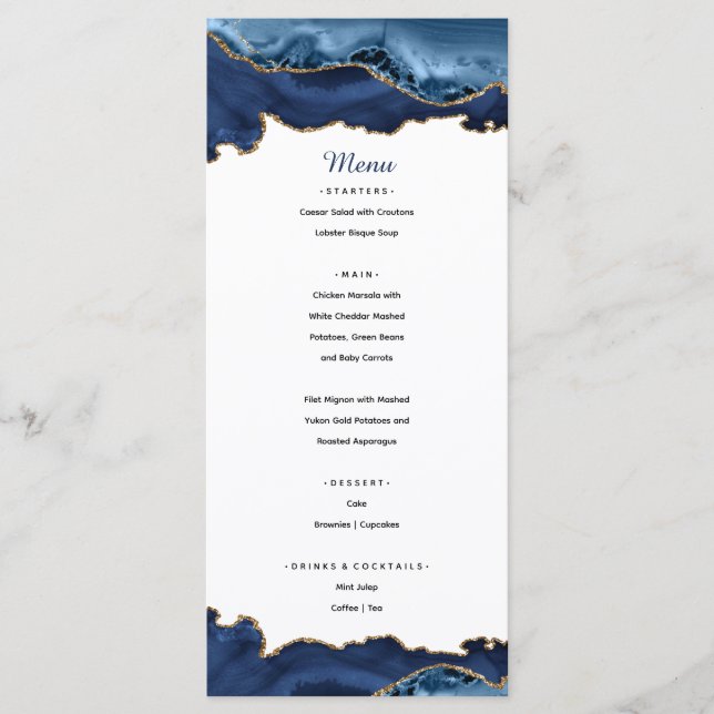 Elegant Blue & Gold Agate Menu (Front)