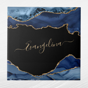 Elegant Blue Gold Agate Script Name Ceramic Tile