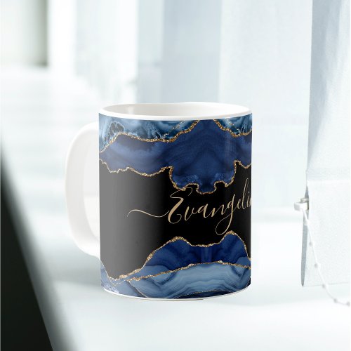 Elegant Blue Gold Agate Script Name Coffee Mug