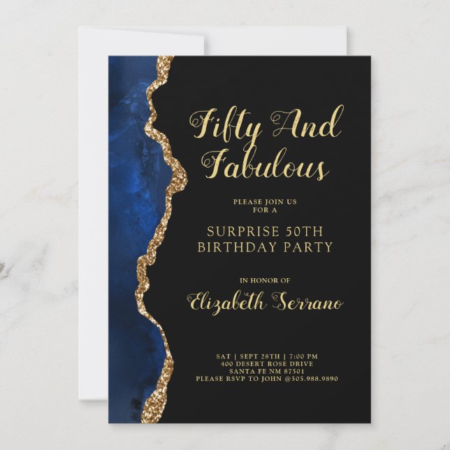 Elegant Blue Gold Agate Surprise 50th Birthday Inv Invitation (Front)