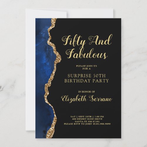 Elegant Blue Gold Agate Surprise 50th Birthday Inv Invitation