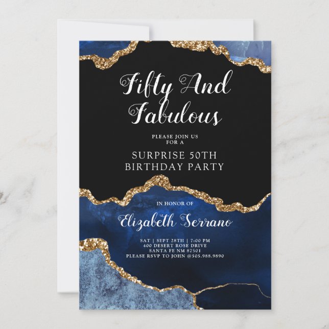 Elegant Blue Gold Agate Surprise 50th Birthday Invitation (Front)