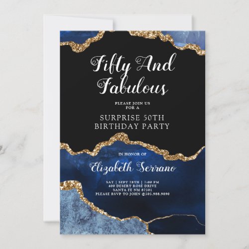 Elegant Blue Gold Agate Surprise 50th Birthday Invitation