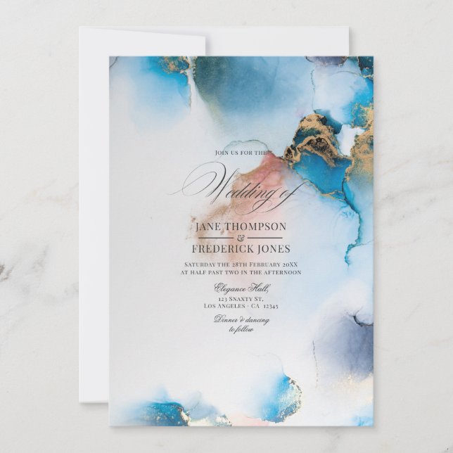 Elegant Blue & Gold Alcohol Ink with Blush Accents Invitation (Front)