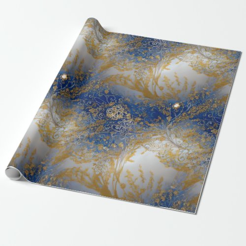 Elegant Blue Gold and Light Beaded Wrapping Paper