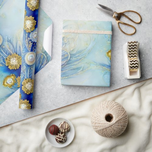 Elegant Blue Gold and Light Beaded Wrapping Paper