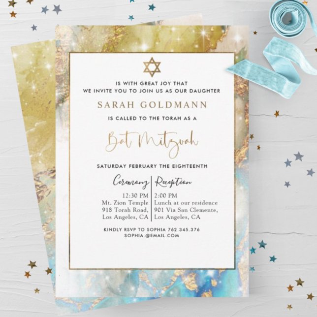 Elegant Blue Gold and Silver Celestial Bat Mitzvah Invitation (Creator Uploaded)