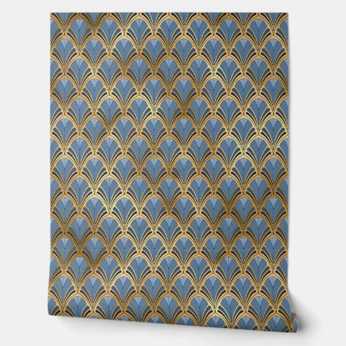 Elegant Blue Gold Art Deco Peel and Stick Wallpaper