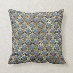 Elegant Blue Gold Art Deco Vintage Pattern Throw Pillow