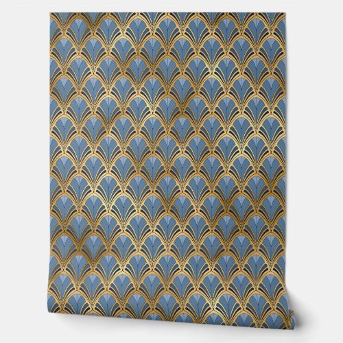 Elegant Blue Gold Art Deco Vintage Pattern Wallpaper